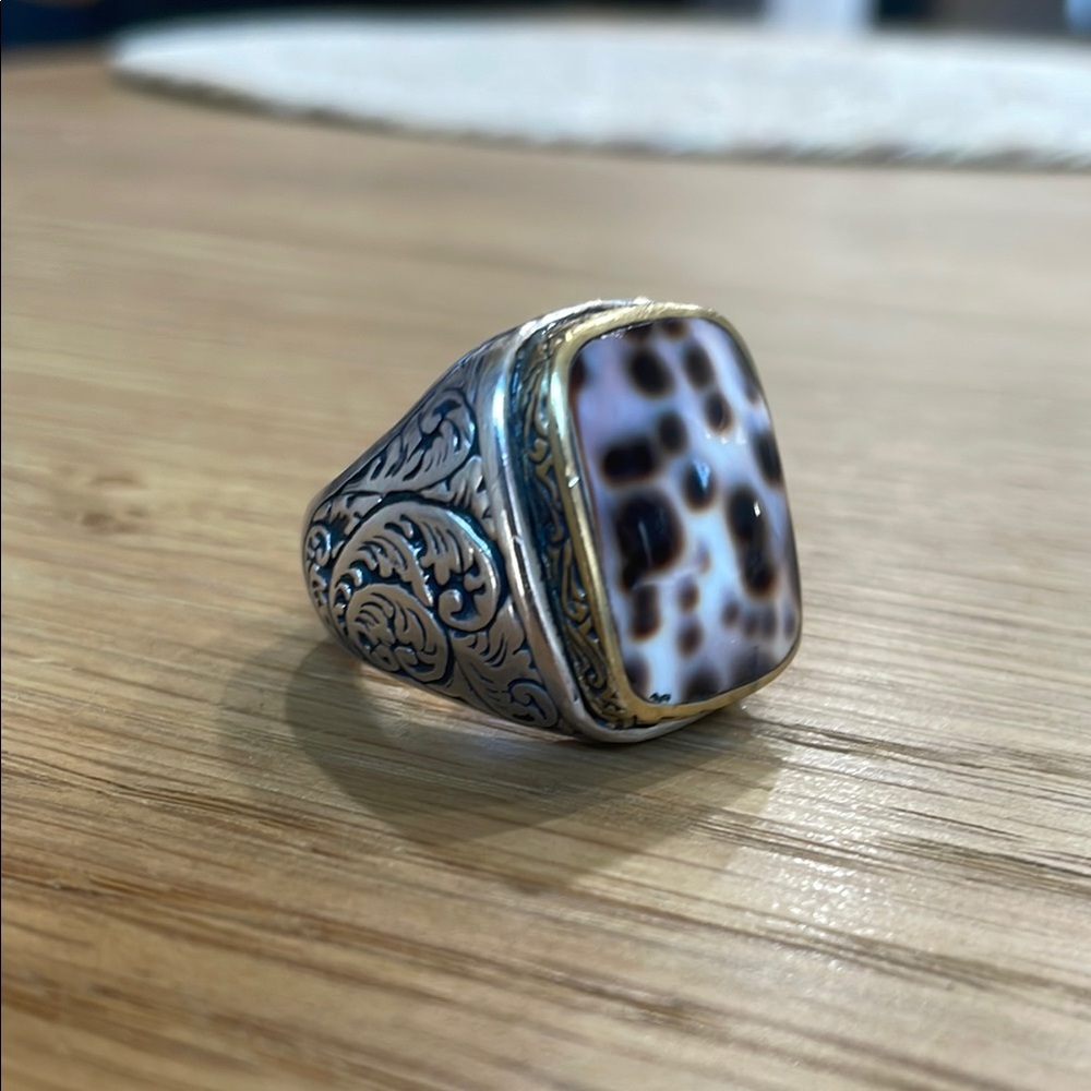 Jalan Jalan Dalmatian Jasper Silver and gold tone Patterned Ring